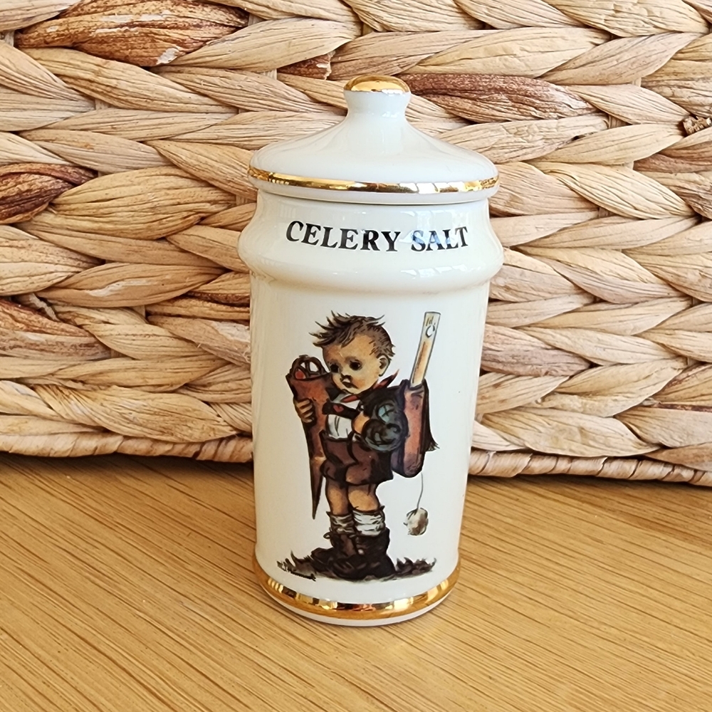 Vintage M. J. Hummel Ceramic Celery Salt Spice Jar with Gold Accents